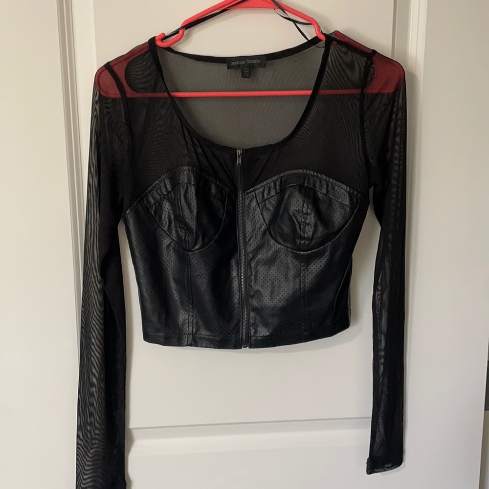 Black “leather” top  with sheer sleeves